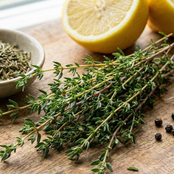 Thyme sprigs with lemon, garlic, pepper and olive oil on board