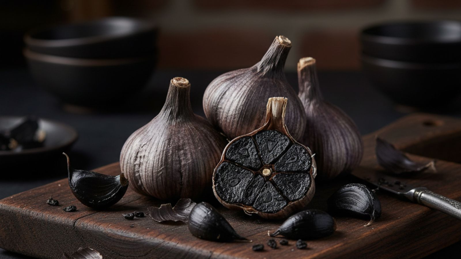 Black garlic bulbs displayed on dark wooden board with open clove