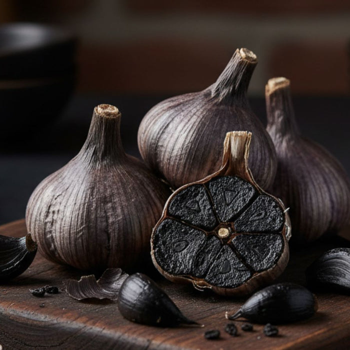 Black garlic bulbs displayed on dark wooden board with open clove