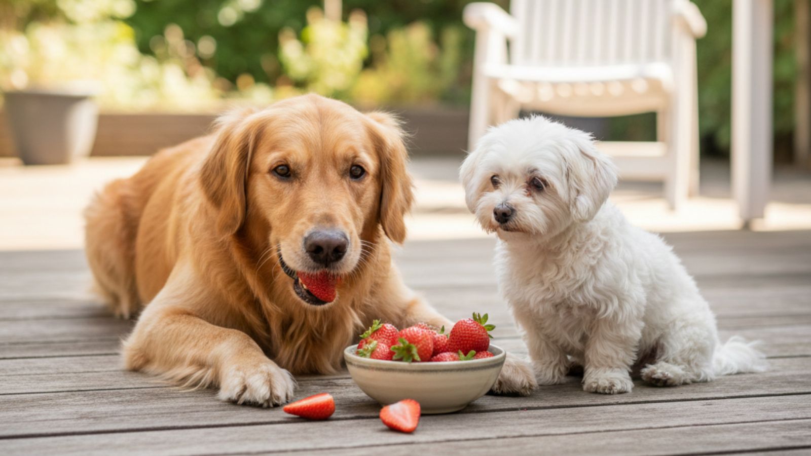 Two dogs sharing strawberries from bowl on outdoor deck
