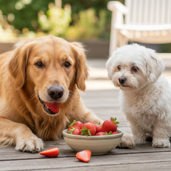 Two dogs sharing strawberries from bowl on outdoor deck