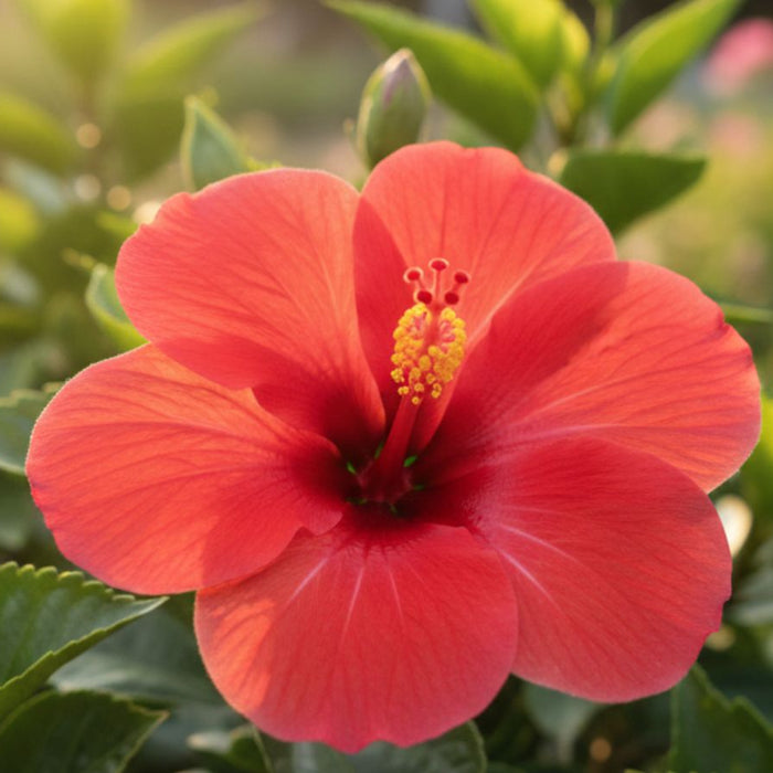 Close-up of red hibiscus flower blooming in sunlight