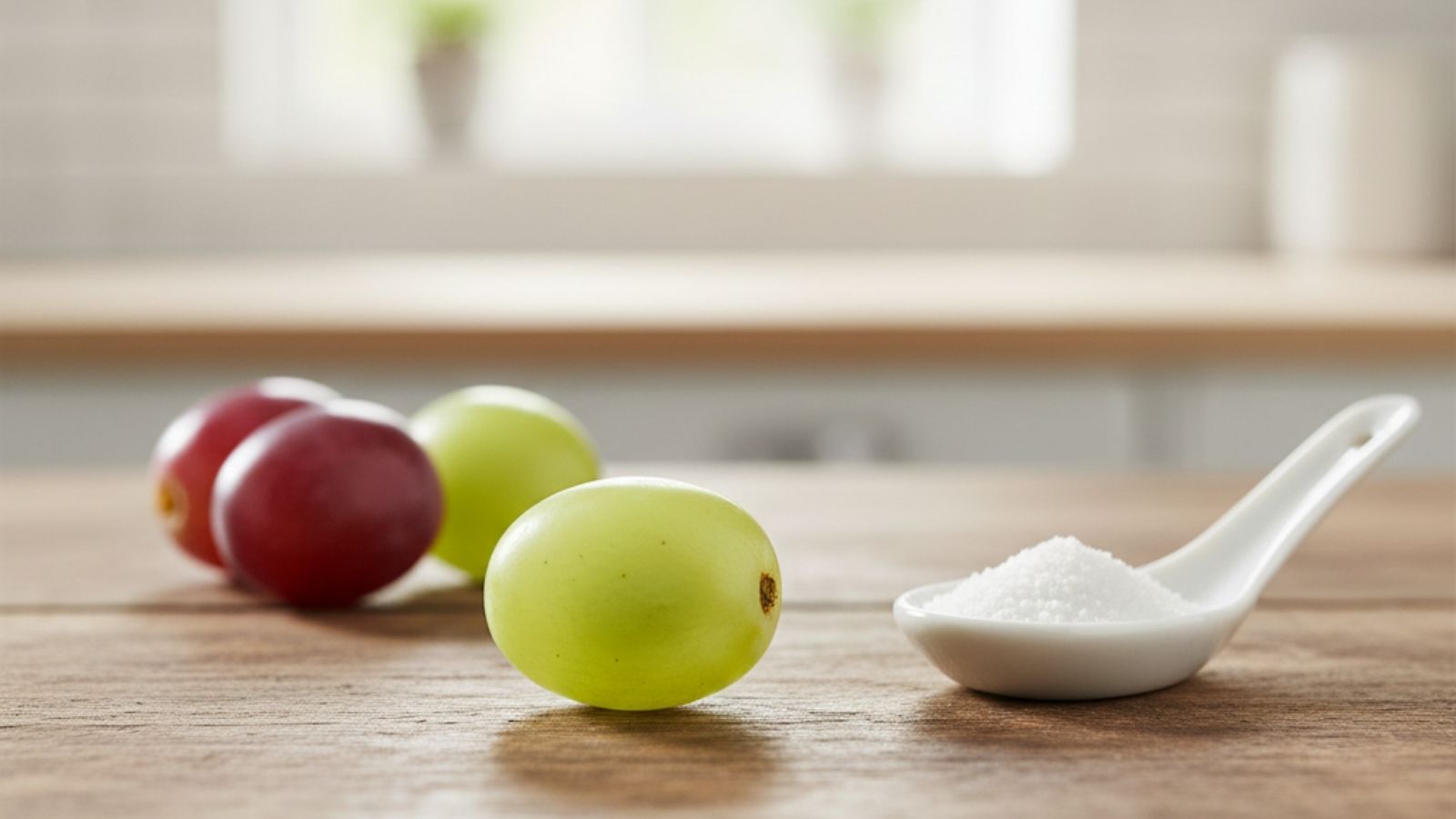 Green and red grapes beside spoon of sugar on wooden surface