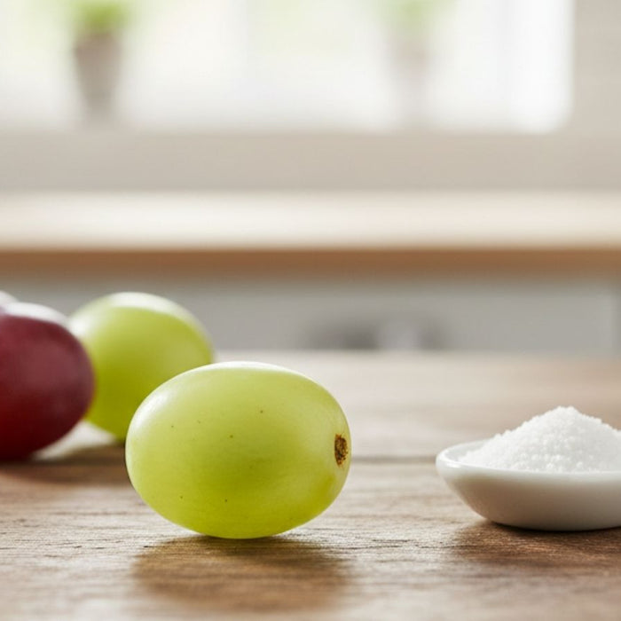 Green and red grapes beside spoon of sugar on wooden surface
