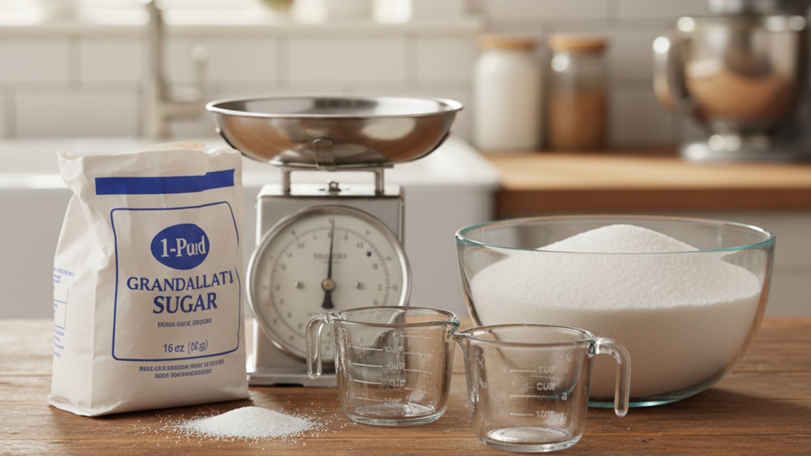 Granulated sugar with scale, measuring cups, and bowl on counter