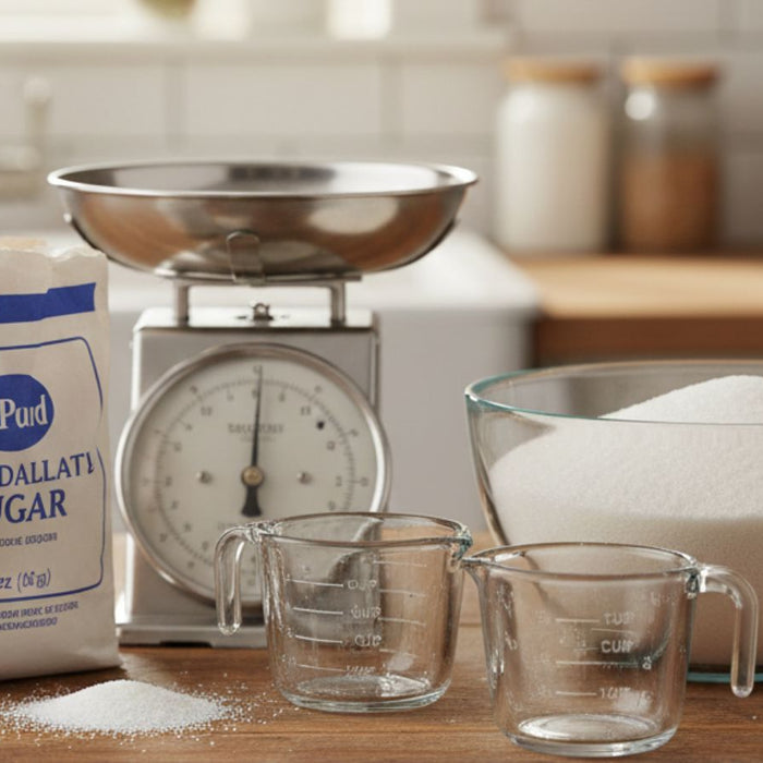 Granulated sugar with scale, measuring cups, and bowl on counter