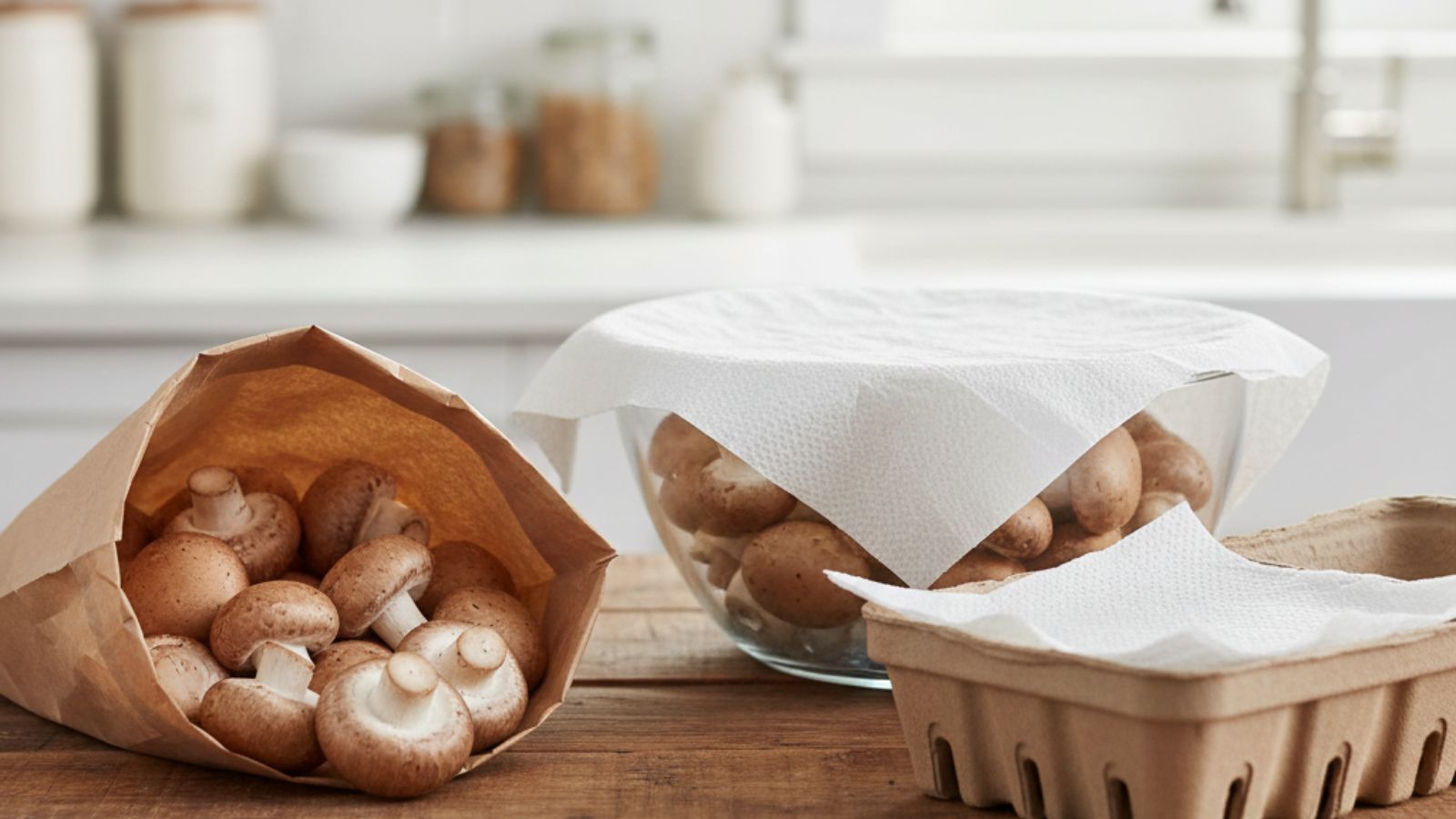 Store mushrooms in paper bag and bowl covered with paper towel