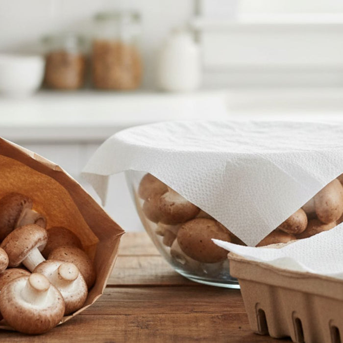 Store mushrooms in paper bag and bowl covered with paper towel