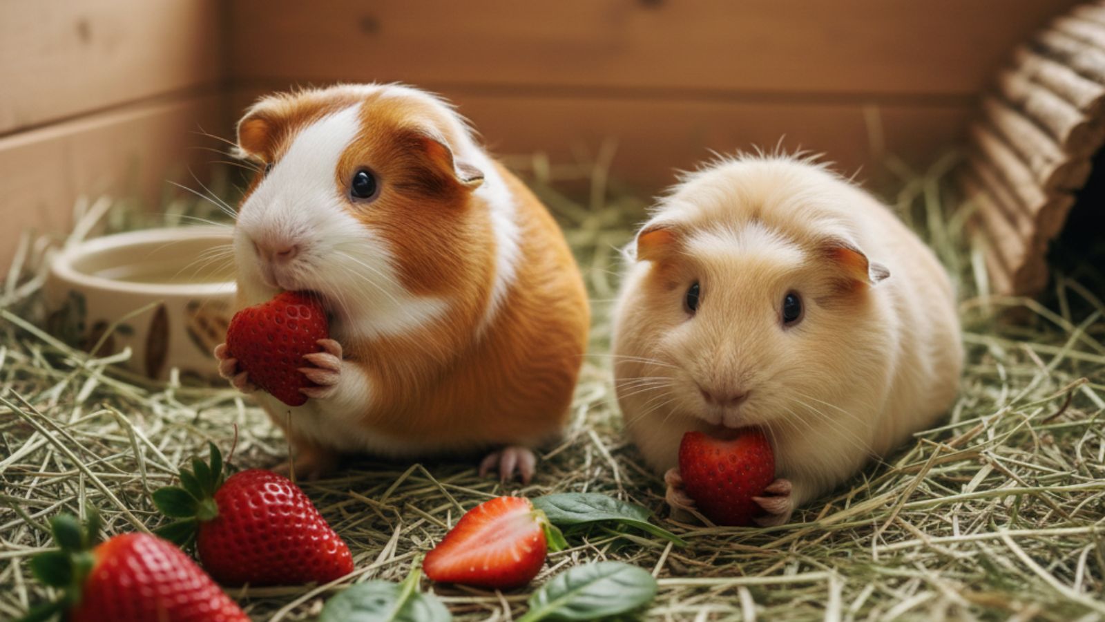Two guinea pigs holding and eating strawberries on hay bedding