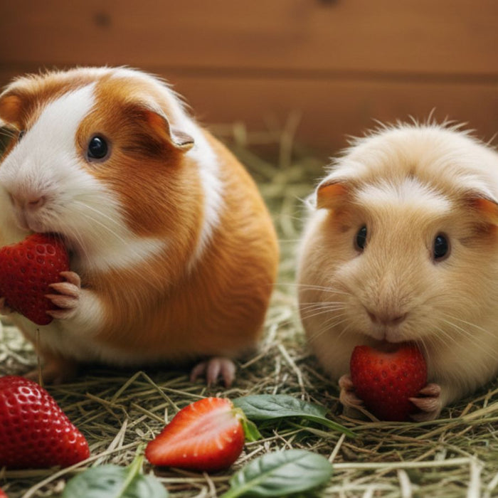 Two guinea pigs holding and eating strawberries on hay bedding