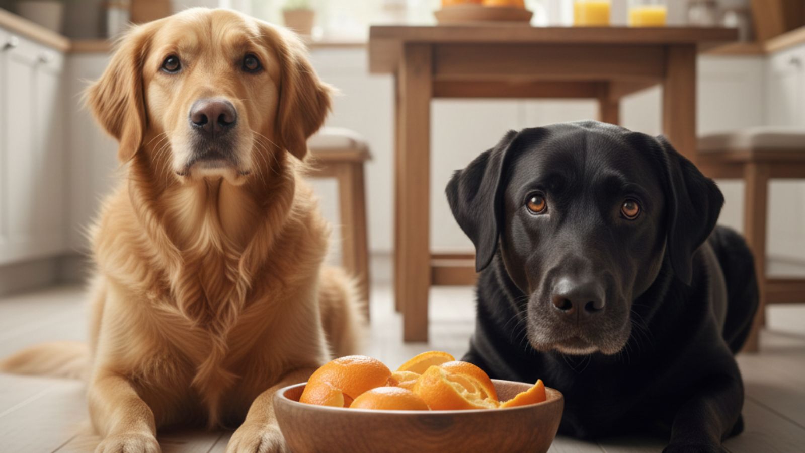 Two dogs on floor staring at wooden bowl filled with orange peels