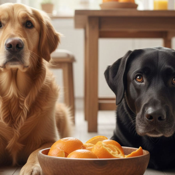 Two dogs on floor staring at wooden bowl filled with orange peels