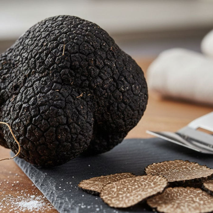 Whole black truffle with sliced pieces and truffle shaver