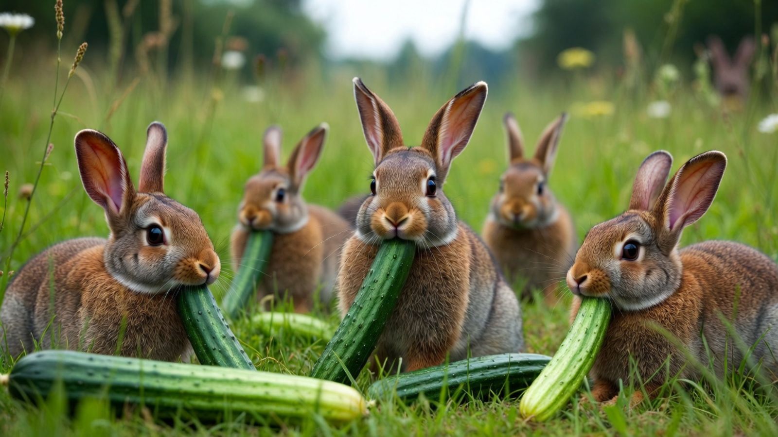 Rabbits nibbling cucumbers together in a grassy meadow outdoors