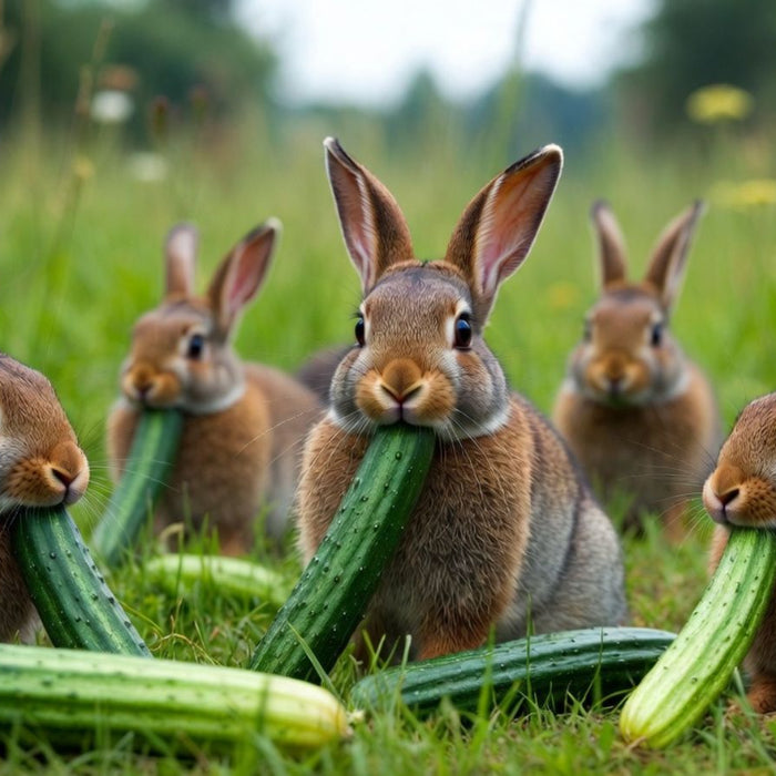 Rabbits nibbling cucumbers together in a grassy meadow outdoors