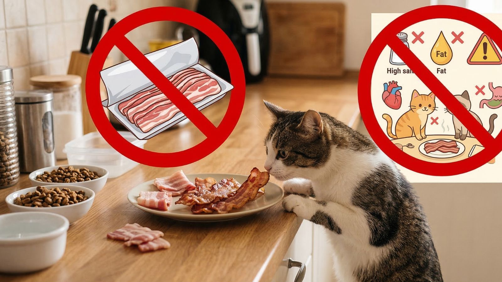 Cat sniffing bacon with no symbol warning sign
