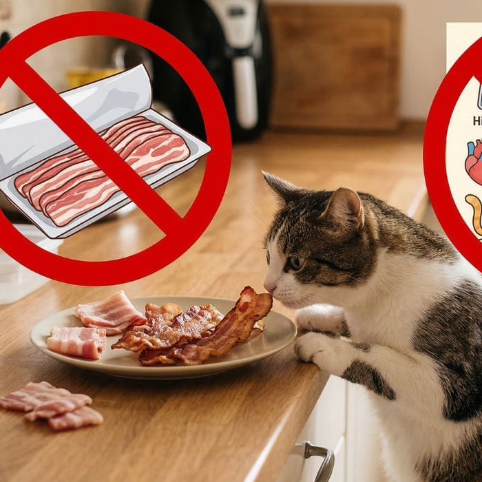 Cat sniffing bacon with no symbol warning sign