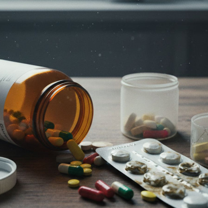 Multivitamins pills on wooden table