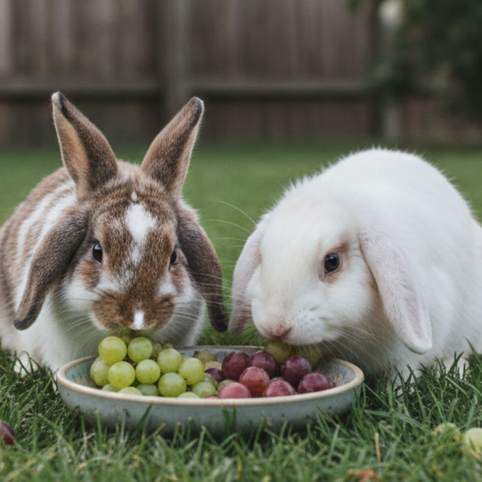 Two rabbits eating green and red grapes from bowl on grass