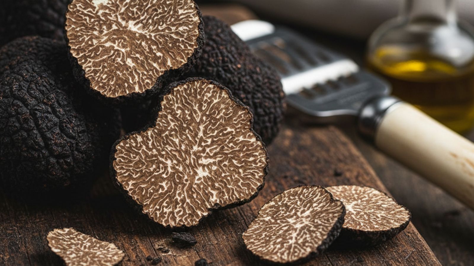 Sliced black truffles on wooden board with truffle slicer
