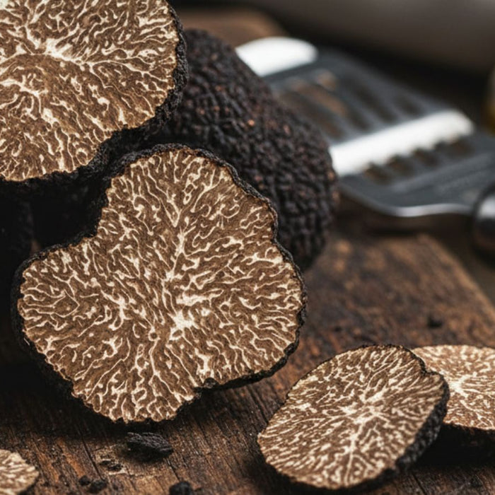 Sliced black truffles on wooden board with truffle slicer
