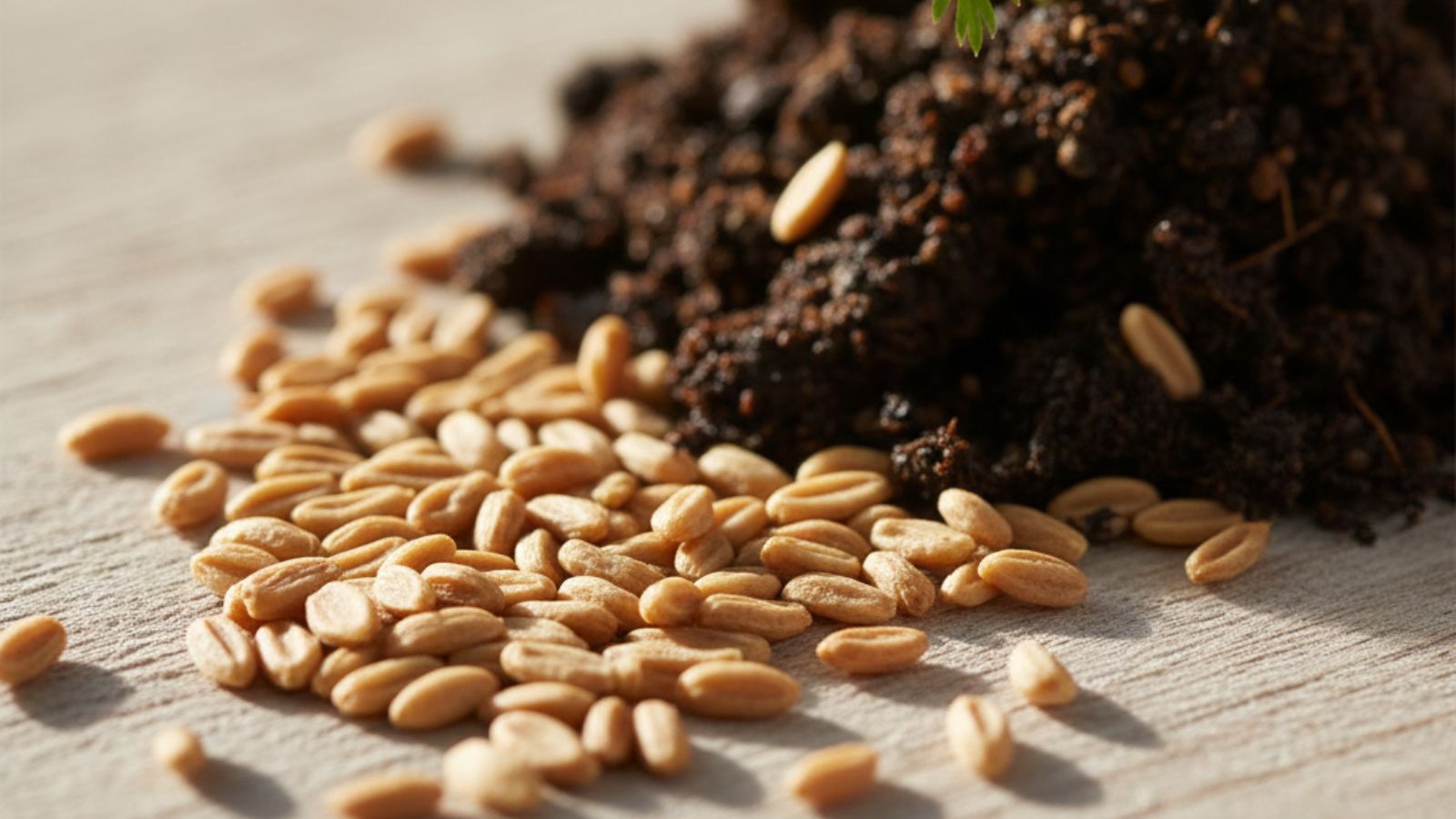 Close-up of carrot seeds spilled next to moist soil