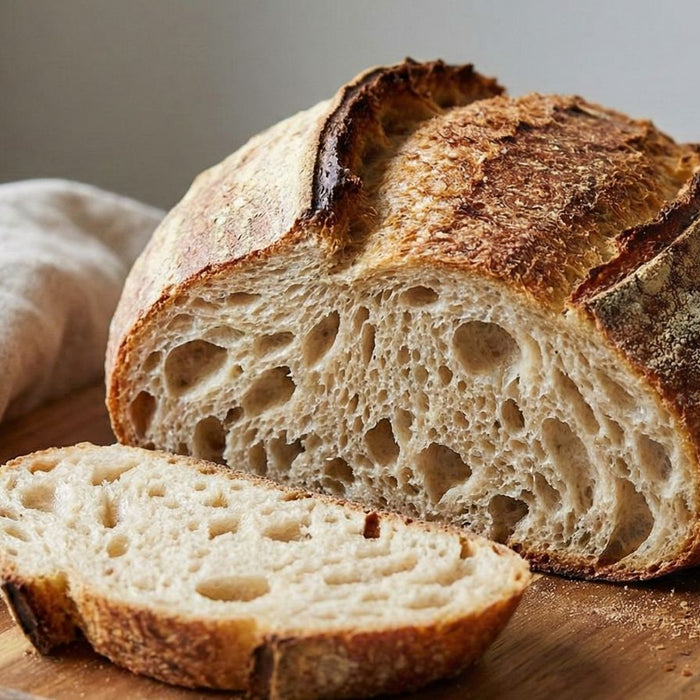Freshly baked sourdough loaf with crisp crust by kitchen window