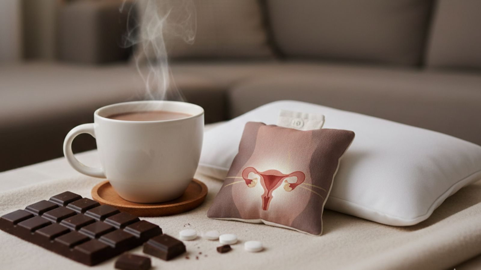 Hot cocoa, chocolate bar, uterus pain pillow, and period medicine