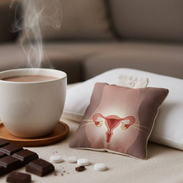 Hot cocoa, chocolate bar, uterus pain pillow, and period medicine