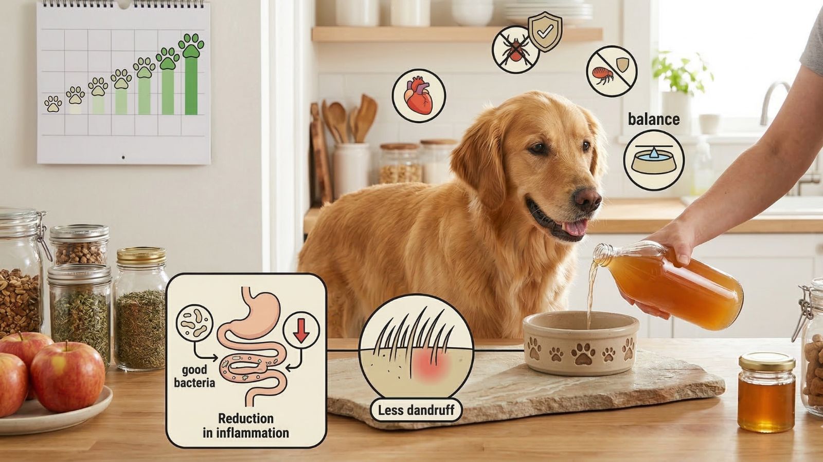 Golden retriever drinking apple cider vinegar with health benefit icons