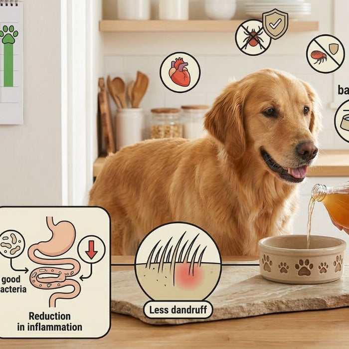 Golden retriever drinking apple cider vinegar with health benefit icons