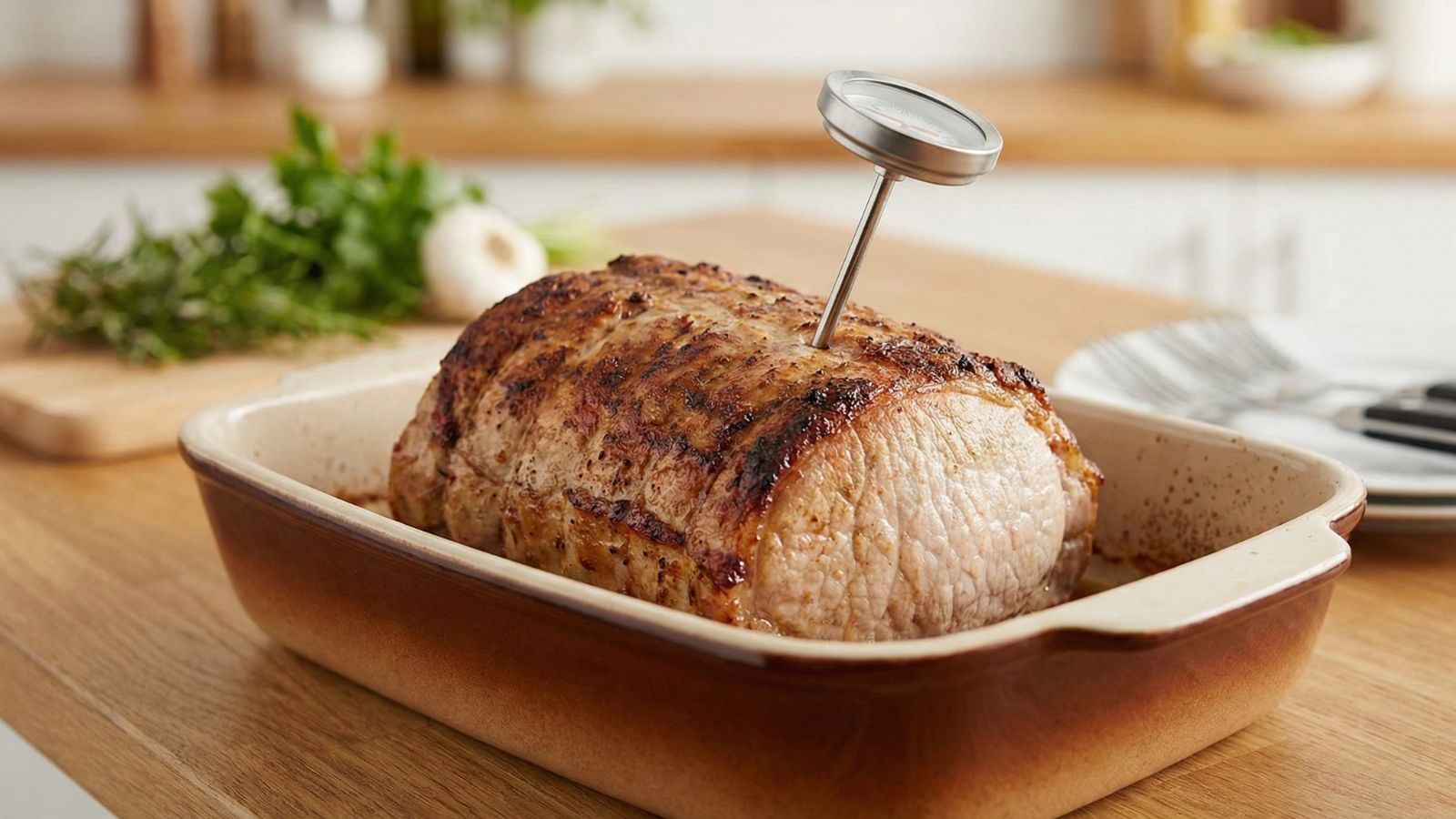 Roast pork in baking dish with thermometer checking internal temp