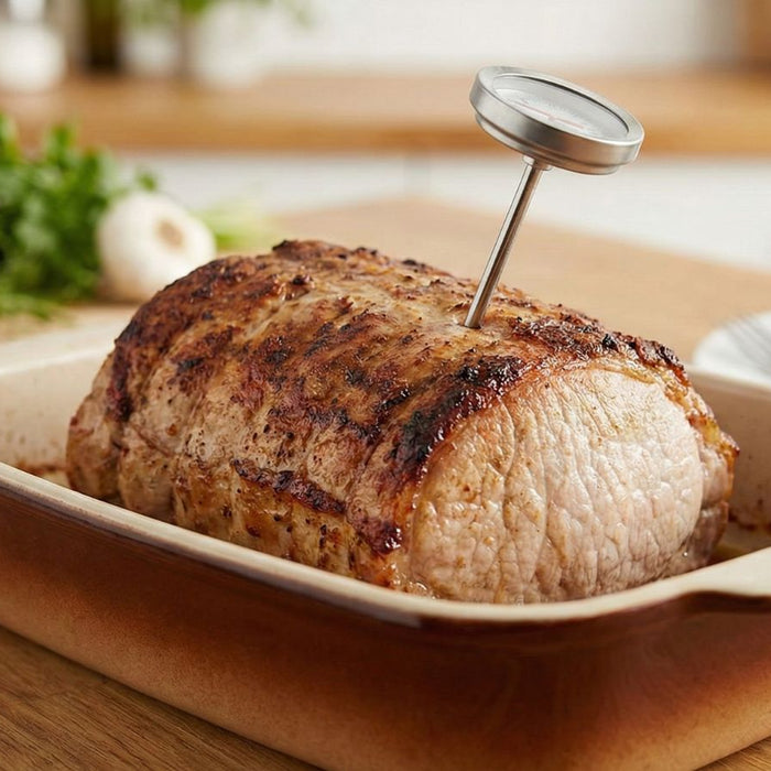 Roast pork in baking dish with thermometer checking internal temp