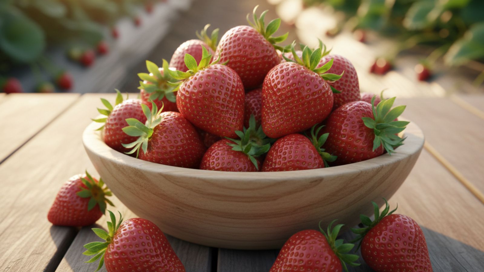 Wooden bowl filled with ripe strawberries on outdoor table