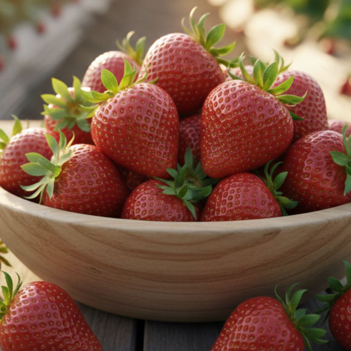 Wooden bowl filled with ripe strawberries on outdoor table