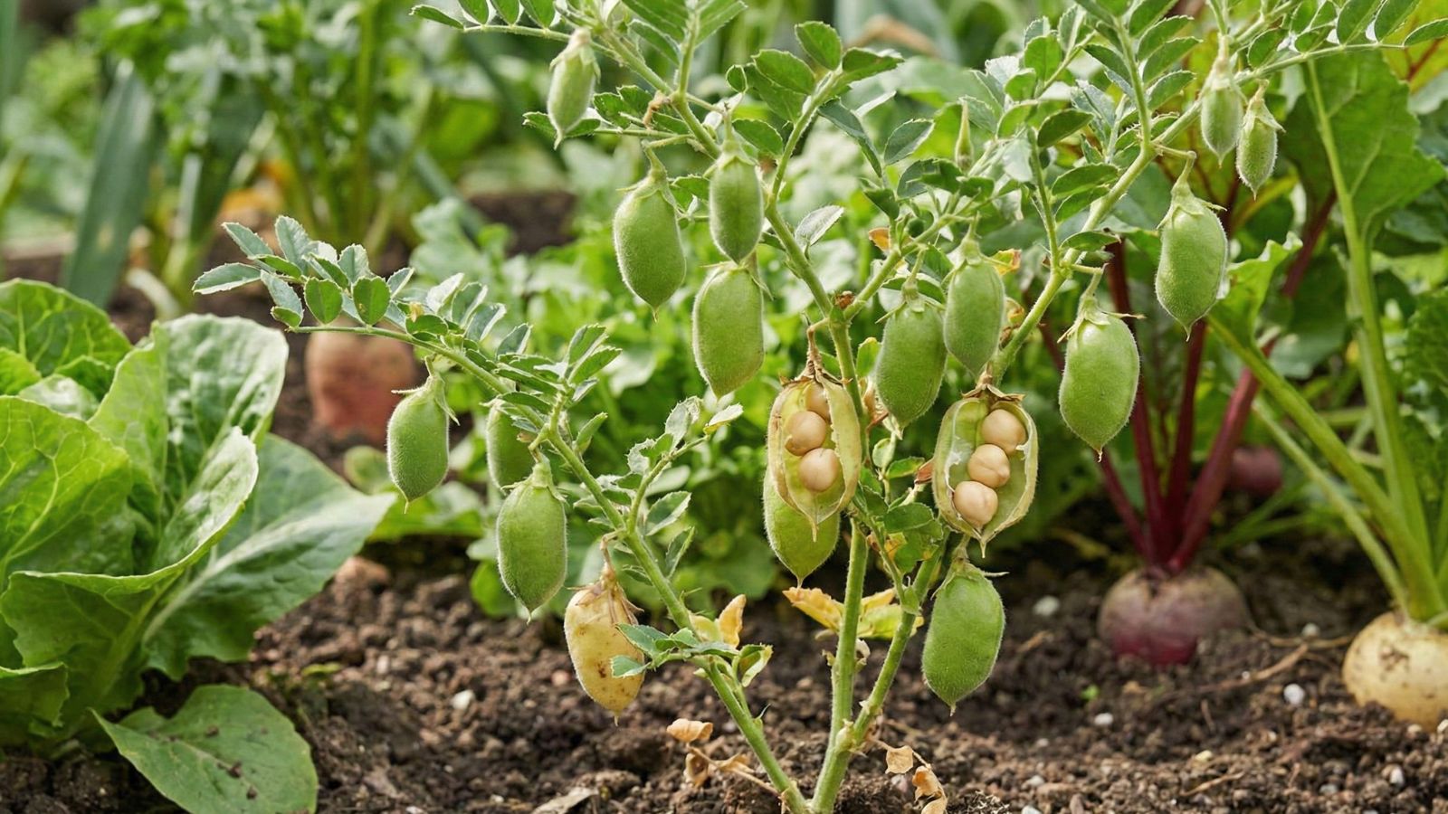 Chickpea plant growing in garden with green pods and leaves