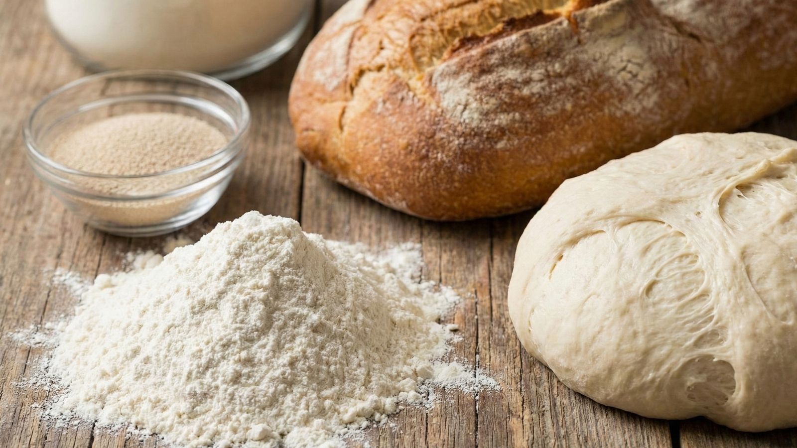 Bread dough, flour, yeast, and baked loaf on rustic wooden table
