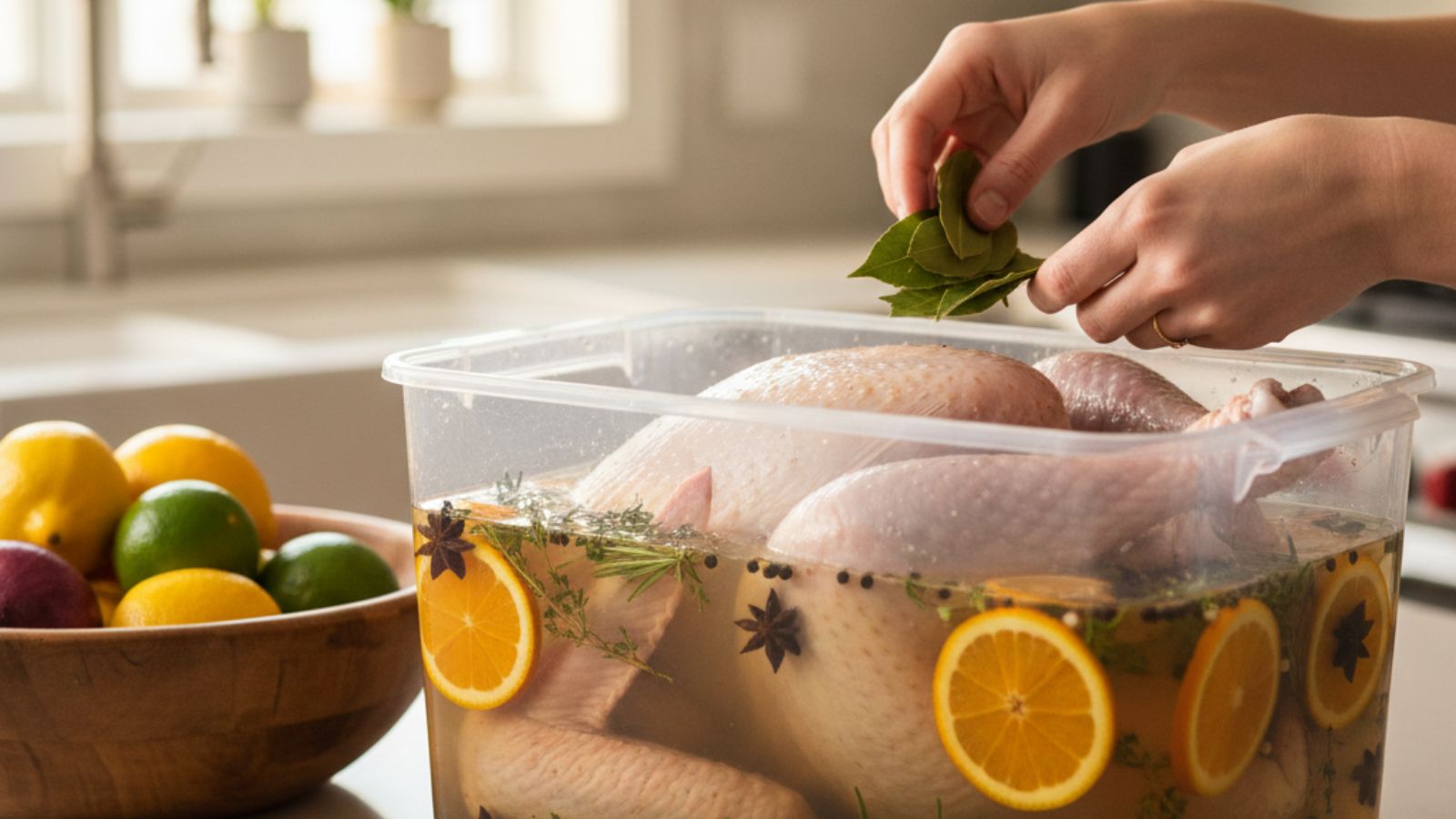 Raw turkey soaking in brine with citrus and herbs in container