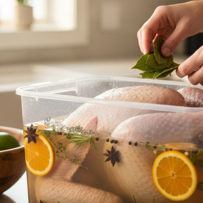 Raw turkey soaking in brine with citrus and herbs in container
