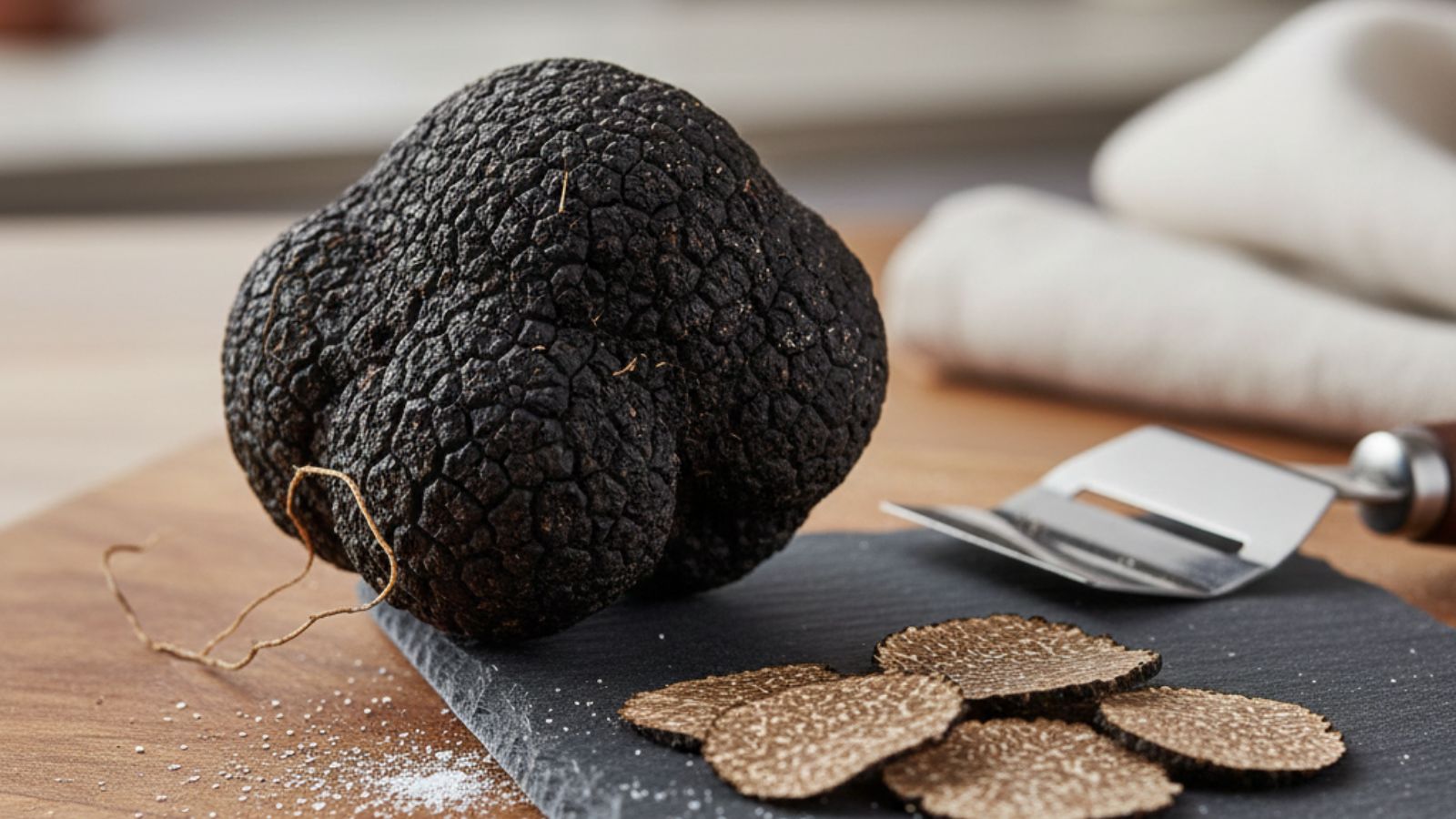 Whole black truffle with sliced pieces and truffle shaver