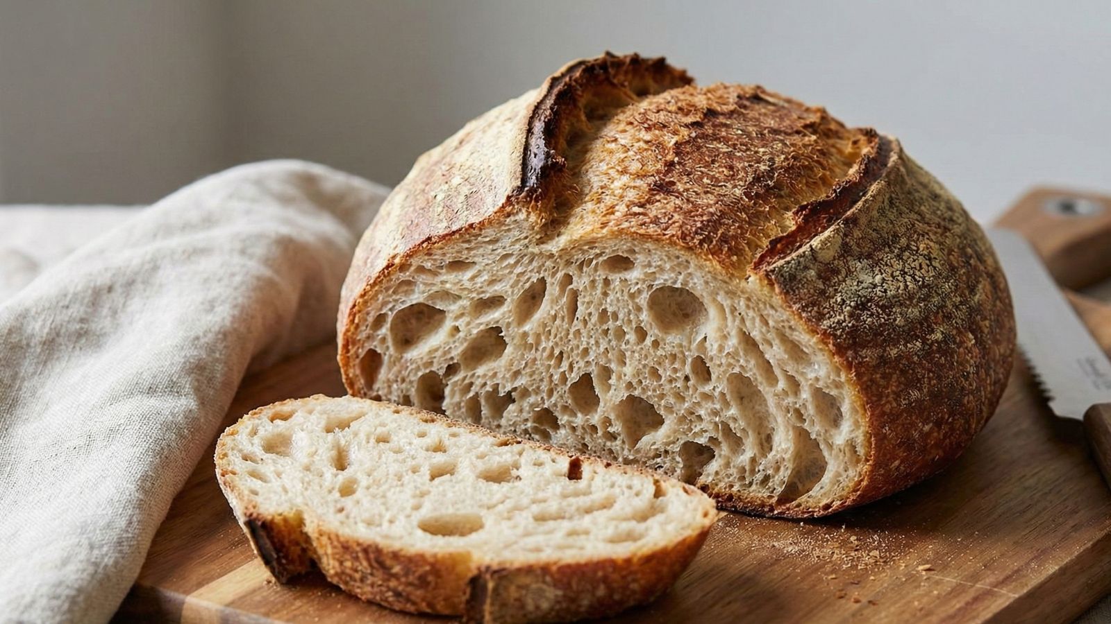 Freshly baked sourdough loaf with crisp crust by kitchen window
