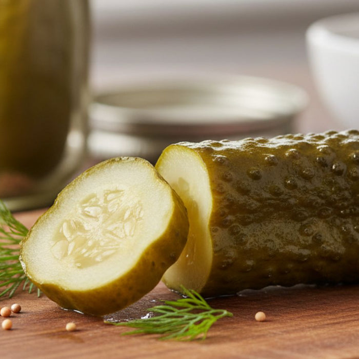 Opened jar of pickles on kitchen counter with lid nearby