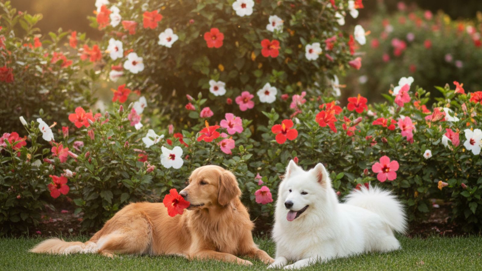 Golden retriever and white Samoyed resting in flower garden