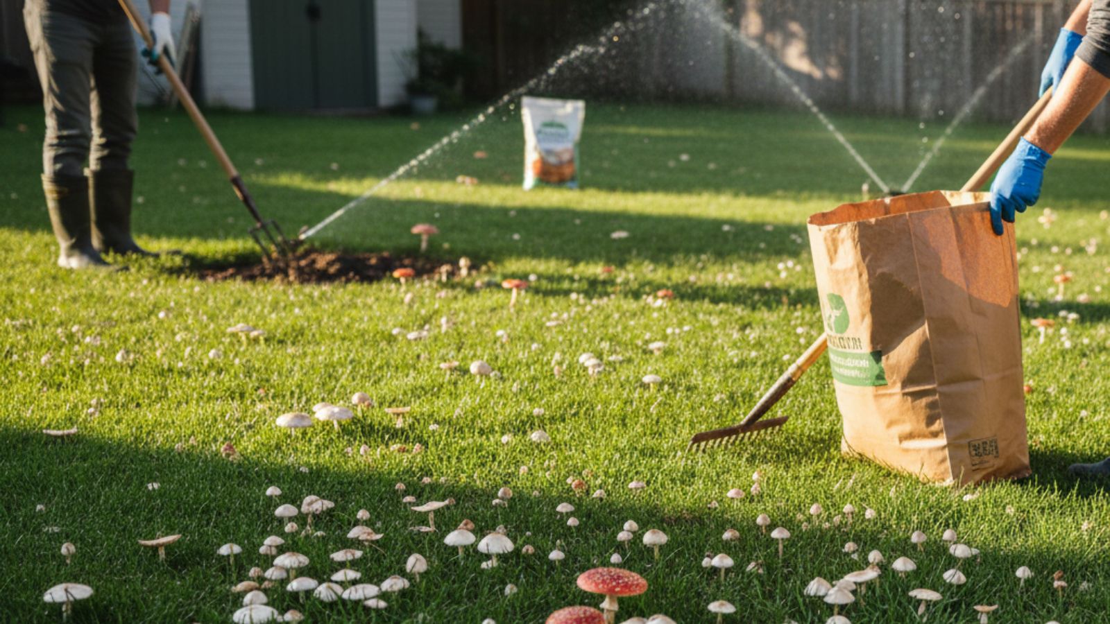 Gloved hands rake mushrooms into yard waste bag on sunny grass at dawn