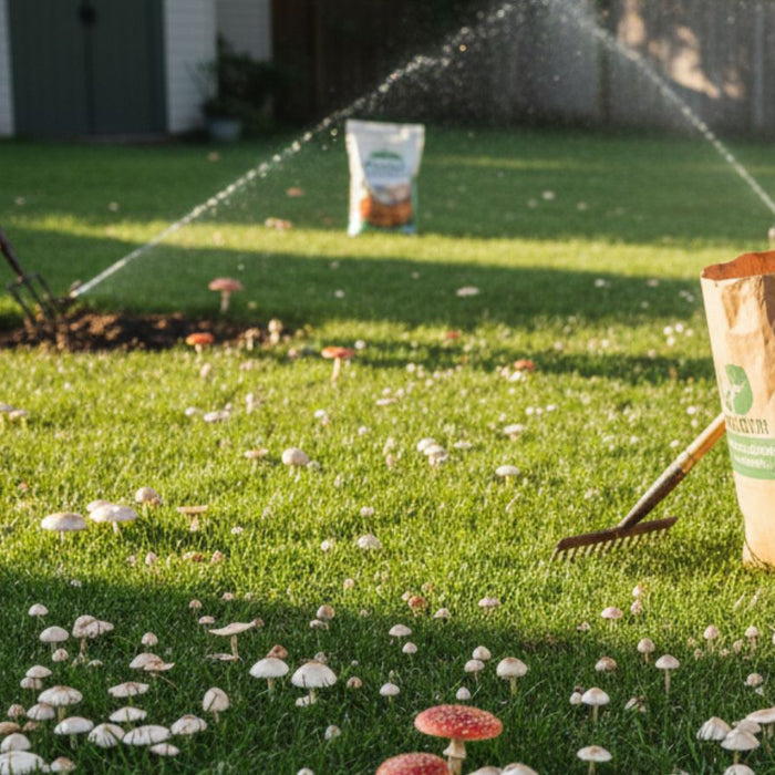 Gloved hands rake mushrooms into yard waste bag on sunny grass at dawn