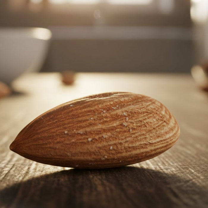 Close-up of single almond on wooden surface