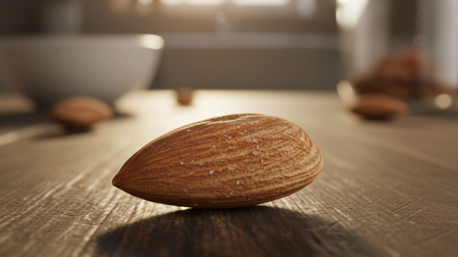 Close-up of single almond on wooden surface