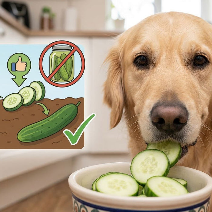 Golden retriever eating cucumber slices beside safe feeding guide