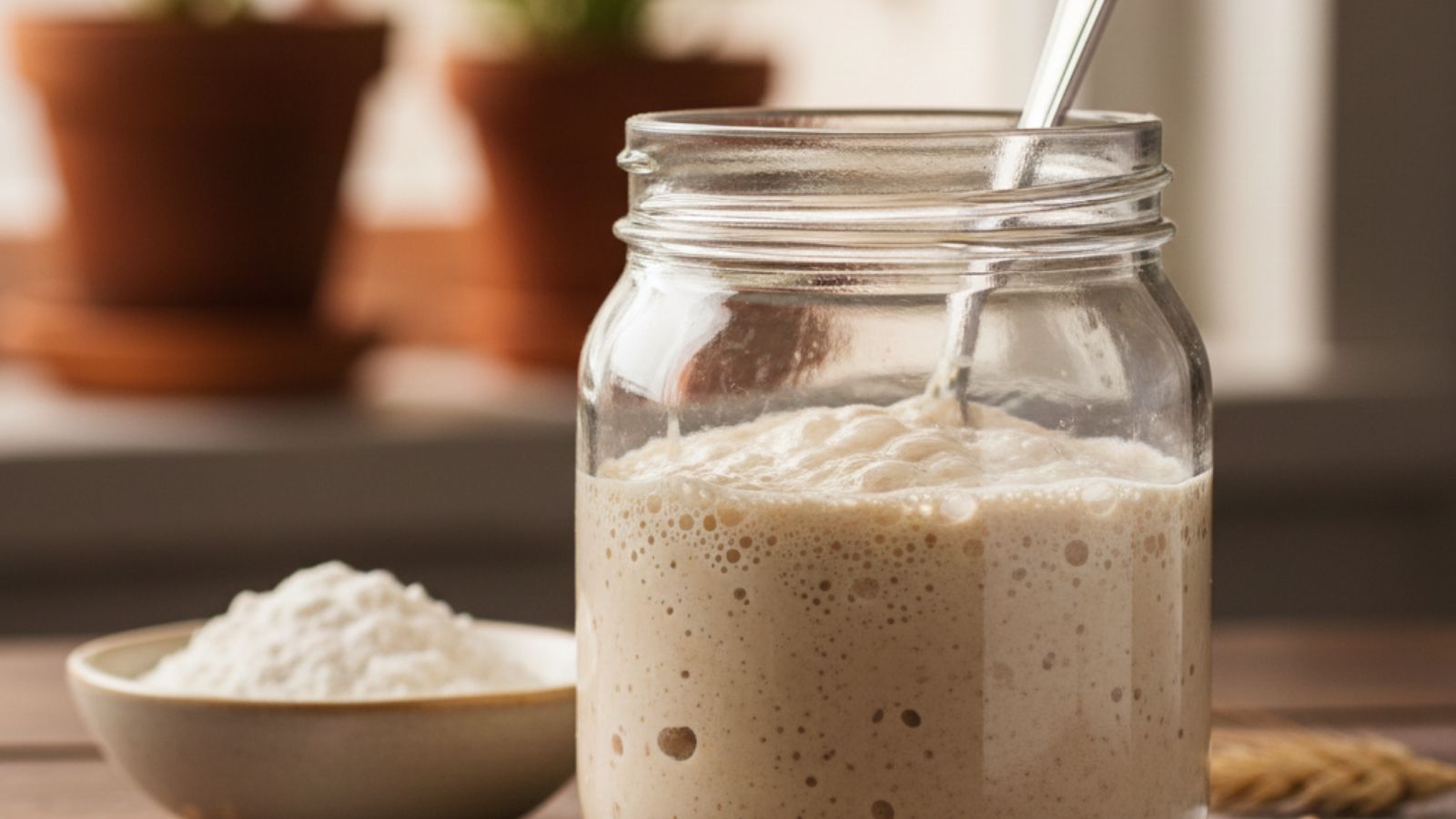 Close up of frothy sourdough starter with flour bowl