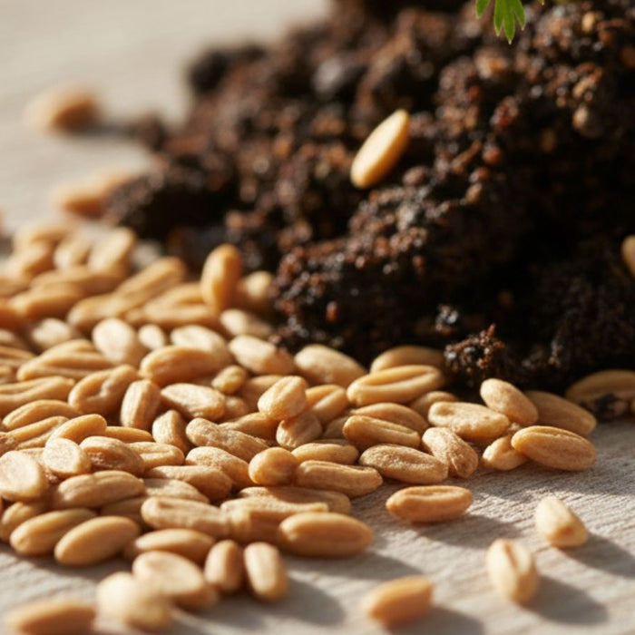 Close-up of carrot seeds spilled next to moist soil